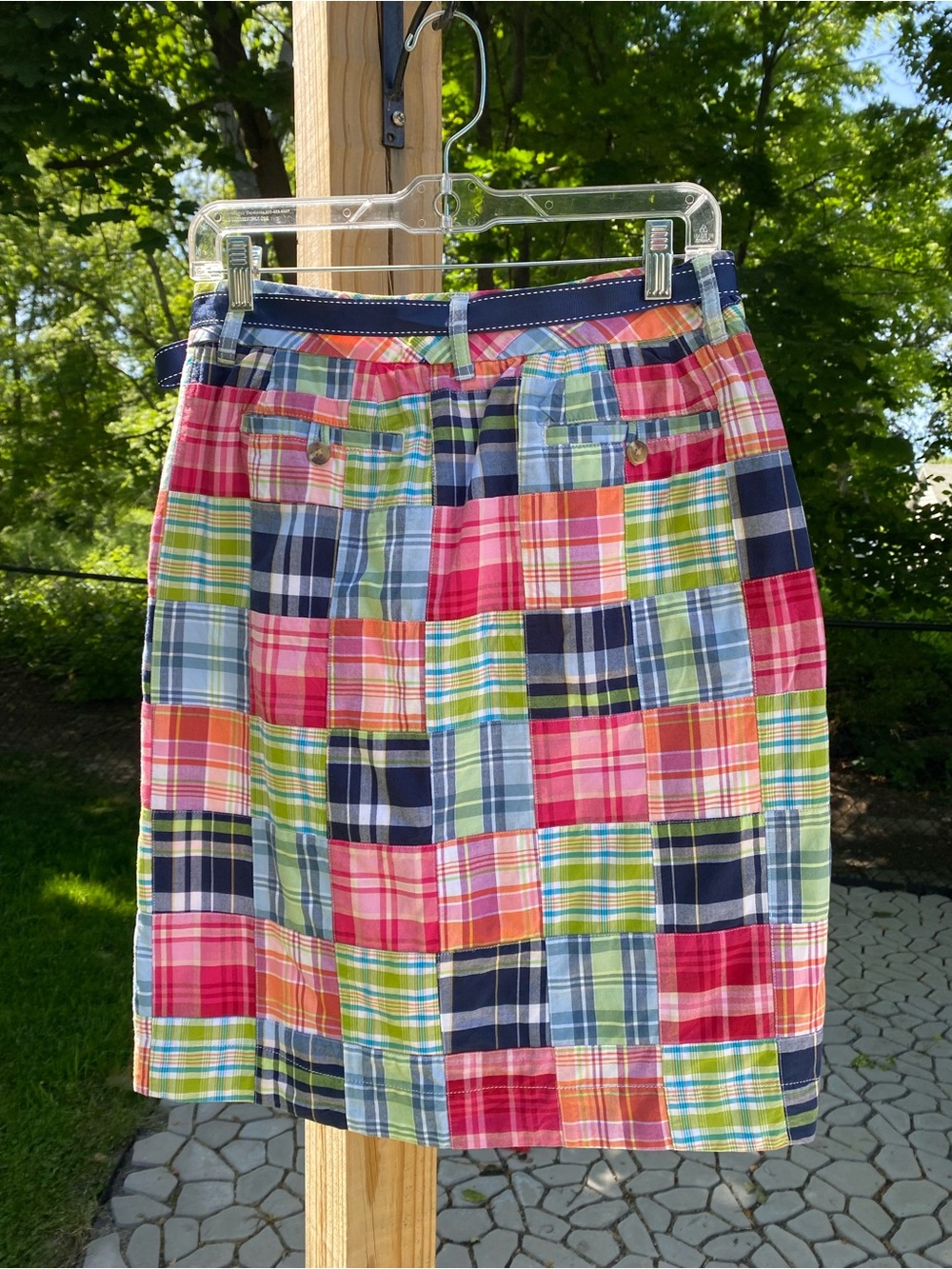 NWOT L.L. BEAN Multicolor Patchwork Plaid Cotton A-Line Skirt w/Navy Tie, Belted - Picture 4 of 8